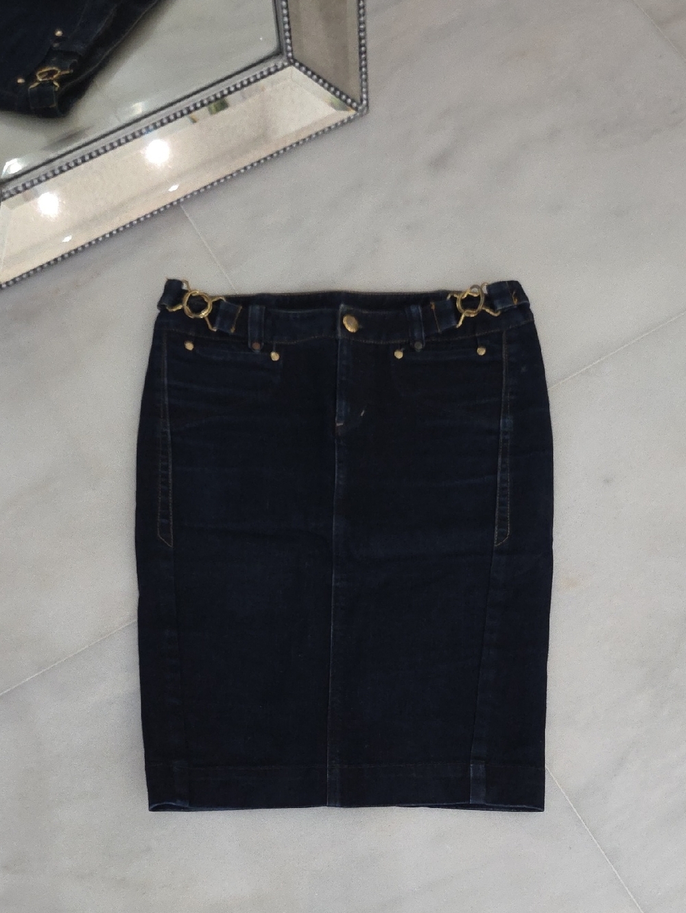 Armani Exchange Sexy Dark Blue Denim Pencil Skirt with Gold Hardware